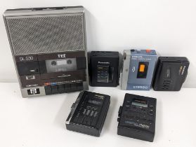 Five mixed Walkmans to include Sharp, Panasonic and others together with an ITT SL530 cassette