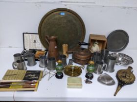 A mixed lot to include a Persian brass tray, Elkington antler handled steak knives, pewter mugs,