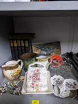 A mixed lot to include studio pottery jugs, a Victorian cheese dish, Irish Wade pixies, four