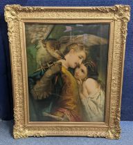 Tranquillo Cremona - The Falconer - a Victorian oleograph in elaborate gilded frame 32.24" h x 27" w