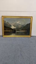 An oil on canvas depicting a mountain lake scene and a man in his rowing boat Location: