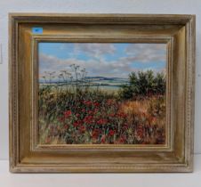 Deborah Poynton oil on canvas depicting a landscape with hills in the background and poppies in
