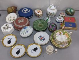 A mixed lot to include Wedgwood Jasperware, Royal Crown Derby Honeysuckle box, Victorian cup and