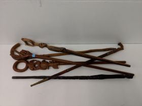 Six carved and wooden walking sticks to include African and European examples