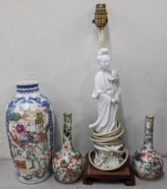 Mixed Chinese porcelain to include a late 18th century mandarin vase, two clobbered bottle vases and