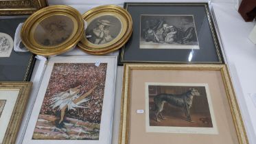 Mixed pictures to include two early 20th century oval gilt framed etchings, etchings of dogs and