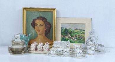 A mixed lot to include an oil on canvas portrait signed lower left together with mixed ceramics to