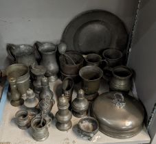 18th century and later pewter items to include a meat cover, tankards, salt and pepper shakers and