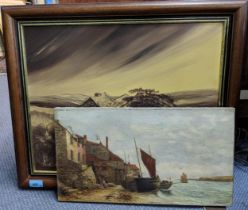 An oil on canvass depicting a small coastal fishing settlement unloading boats, bears an