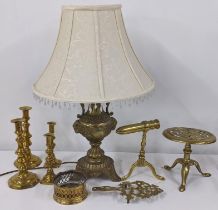 Mixed brassware to include a cast Grecian style twin handled table lamp, goffering iron and other
