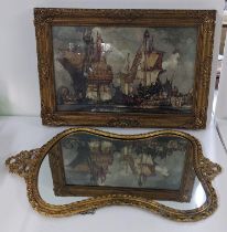A mid 20th century ornate gilt framed mirror together with a print depicting sailing boats and