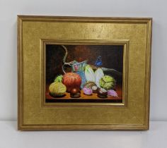 Jean - Pieine Walter oil on board 22cm x 29.5cm Still life, depicting fruit, a butterfly, a jug