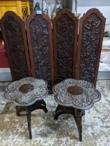 A pair of brass inlaid hardwood tables carved with leaves of folding stands and a hardwood table top