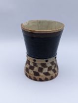 A Martin Brothers stoneware beaker, the waisted cylindrical form with geometric decoration, the