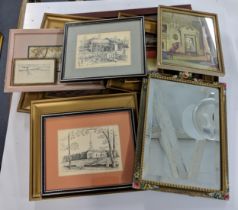 A mixed lot of paintings, prints, etchings and a mirror to include an etching of Grist Mill and