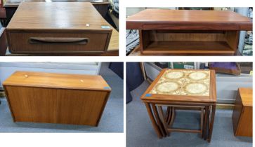 Mixed retro teak furniture to include a G-Plan bedside table (no legs), nest of tables, and others