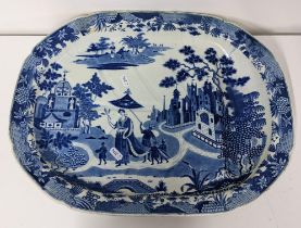 An early 19th century blue and white Minton Queen of Sheba pattern meat plate with gravy