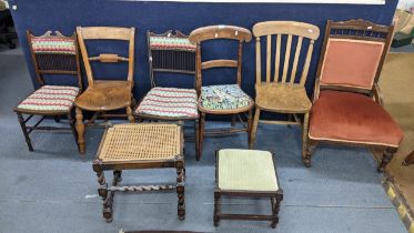 Mixed chairs to include a 19th century elm seated bar back chair together with two stools Location: