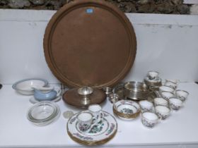 A selection of silver plate, a copper charger, and tableware to include a Duchess Indian Tree