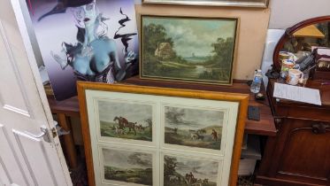 Ixer - a river landscape, oil on canvas, a set of four reproduction hunting scenes and a Peter Le***