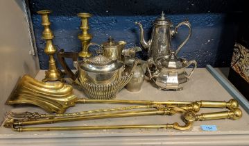 Metalware to include a set of three brass fire irons, candlesticks and silver plate Location:5.5