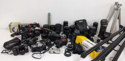 Mixed cameras and accessories to include Olympus, Sony, Pentax, mixed lenses and other items