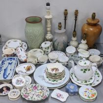 A mixed lot to include table lamps Colclough tea service, Denby vase, Delft dish and other items