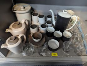 Mixed ceramics and glassware to include a Susie Cooper teapot and cups, Poole pottery tea set, glass