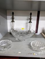 A large Waterford cut glass fruit bowl with scalloped rim edge, two cut and metal mounted