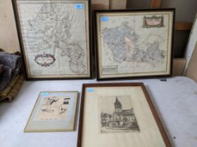 Two Robert Morden hand coloured maps of Oxfordshire and Berkshire, along with an engraving of a town