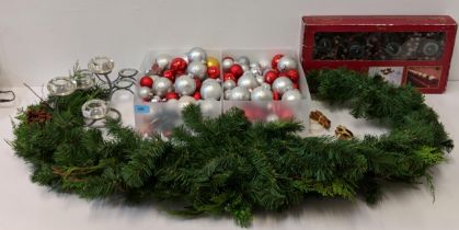 Christmas decorations to include baubles, candles, candlesticks, wreath and other items Location: