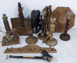 A mixed of treen lot to include an Irish Shillelagh, candlesticks, folding table and other items