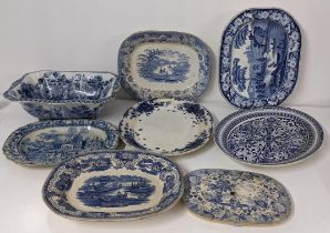 Mixed 19th century blue and white china to include an Ironstone Eton College meat plate and others