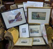 A mixed lot of pictures to include a watercolour seascape, a print of Durham, a Sidney college and
