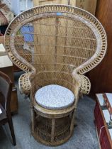 A mid-century wickerwork peacock chair with a woven cane seat A/F with loose cushion Location: