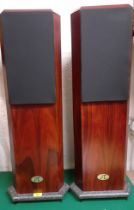 A pair of MT speakers having a rosewood veneer case on a marble effect base above 3 metal feet,
