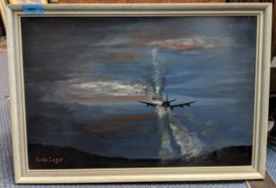 Oil on board depicting an aeroplane in distress, named 'Sabatage' Location: