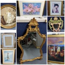 A selection of watercolours, prints and mirrors to include a French gilded wall mirror Location: