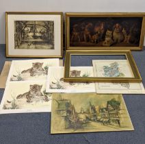 A mixed lot of prints to include a framed print on board depicting various dog breeds and a cat,