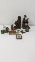 A mixed lot to include Chinese paintings on rice paper, Chinse soapstone, oak carved bookends and