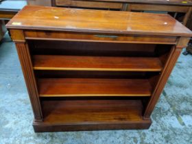 A walnut open bookcase with two adjustable shelves on plinth base 92x97.5x33cms, and a