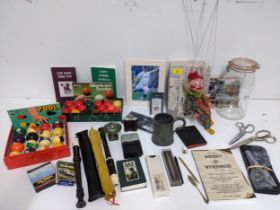 A mixed lot to include a Pelham puppet, Parker pens, dog grooming scissors, snooker and pool