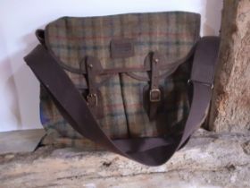 Barbour-A vintage Tarras tartan tweed fishing/game bag in luxury fabric 'Moon' having double pockets