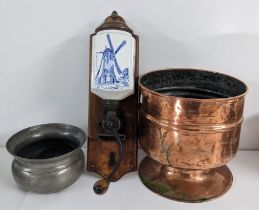 A 19th century copper large pot, together with a coffee grinder, and an 18th/19th century pewter