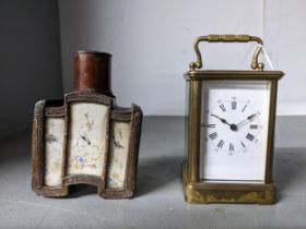 A brass cased five-window carriage clock, and a Japanese antimony tea caddy with decorative