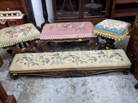 A group of four Victorian and later stools to include a duet prayer stool, a walnut stool having