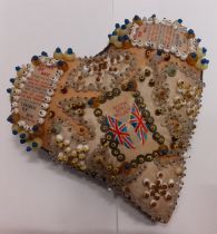 A WW1 sweetheart beadwork pin cushion in the form of a heart having Union Jack flag detail, 8"wide x