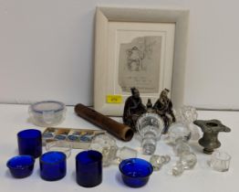 A small mixed lot to include glass bottle/decanter stoppers, glass salt cellar liners, a model of