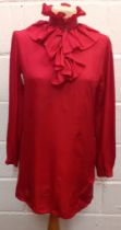 Biba-A vintage red silk longline blouse with ruffled collar, UK size 10. Location:Rail