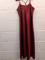 Biba- A 1990's deep red satin slip dress with spaghetti straps, 36" chest x 28" long approx.